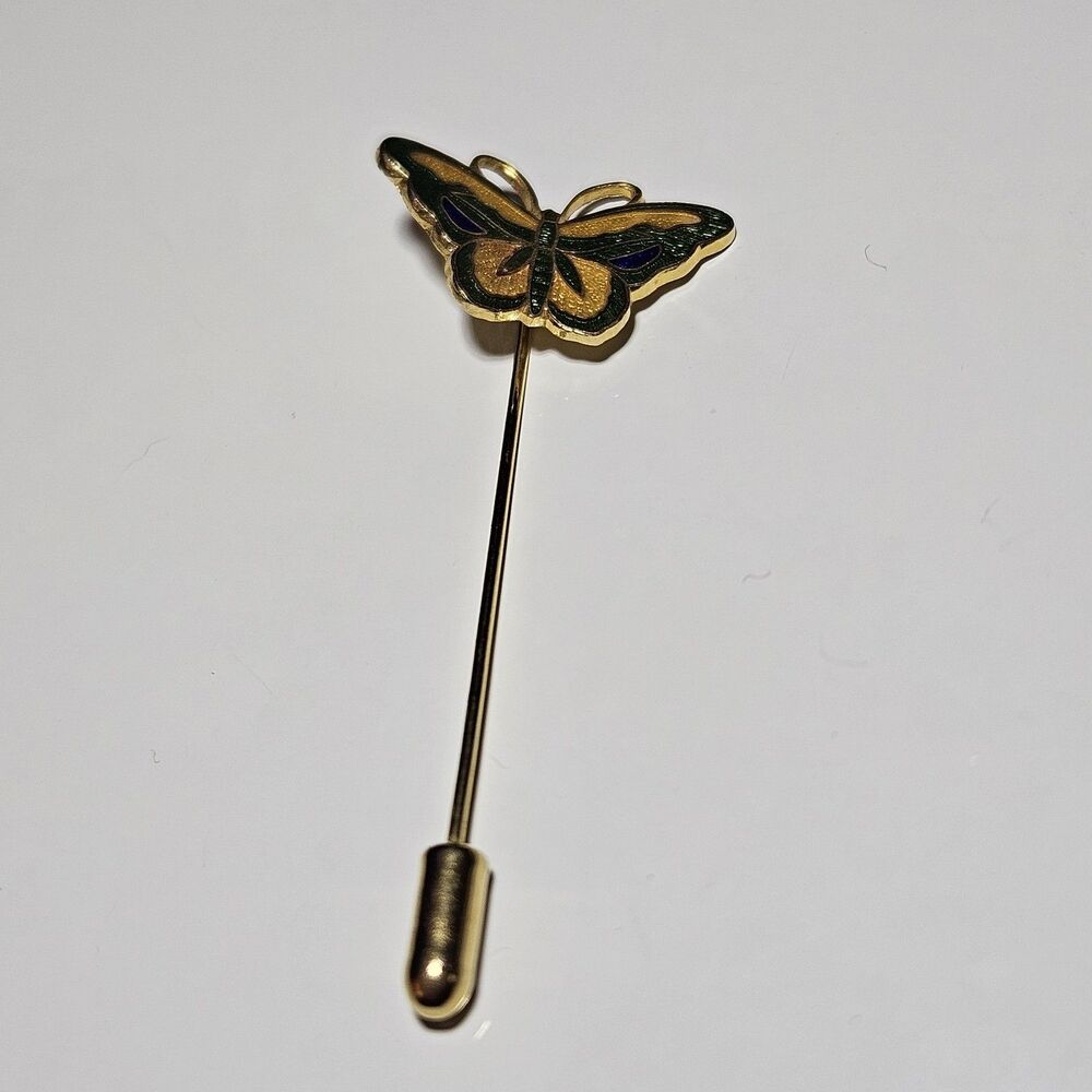 Gold Tone Yellow Green Cloisonne Butterfly Stick Lapel Hat Pin